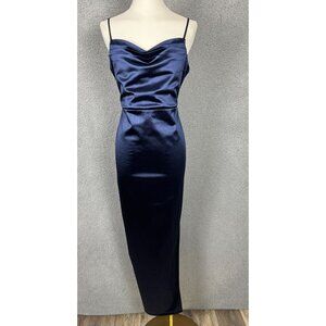 Anrabess Women's Blue Satin Maxi Slip Dress Cowl Neck Spaghetti Straps Lg NWD's